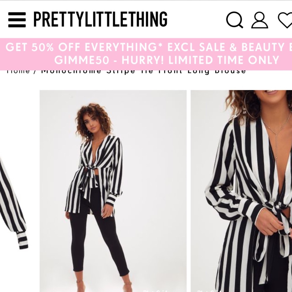 Monochrome stripe tie front long blouse